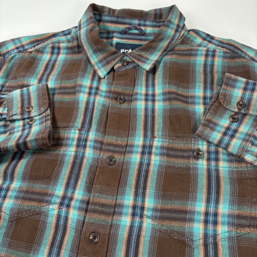 prAna Mens Medium Brown Teal Plaid Flannel Shirt Organic Cotton Pocket